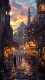 Sunlit domes crown a glowing twilight Middle Eastern bazaar street
