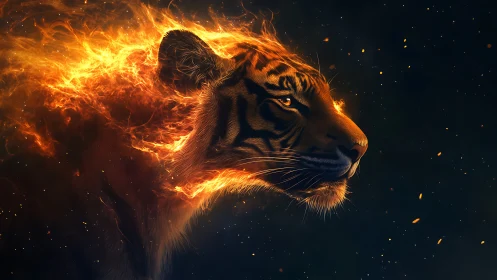 Tiger head rendered in flaming particle streams against void