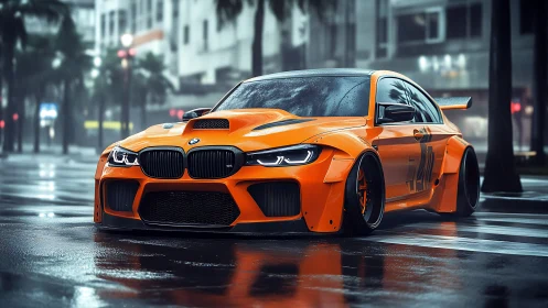 Modified orange BMW coupe occupies wet urban street scene