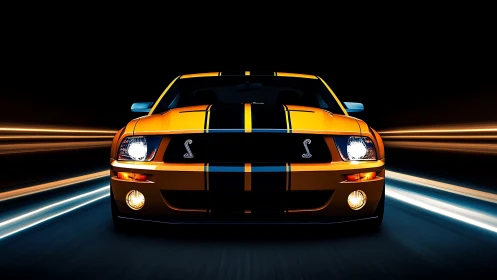 Yellow sports car front view with light trails at speed.