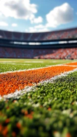 Vivid orange yard line draws focus in sunlit stadium bowl.