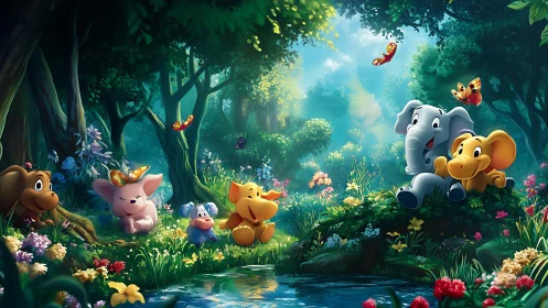 Cartoon animal friends gather in a luminous enchanted forest clearing