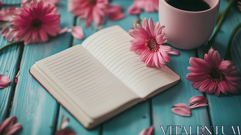 Open lined notebook lies on teal boards with cup and flowers