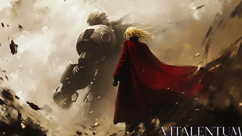 Red-cloaked warrior and armored giant in swirling duststorm.