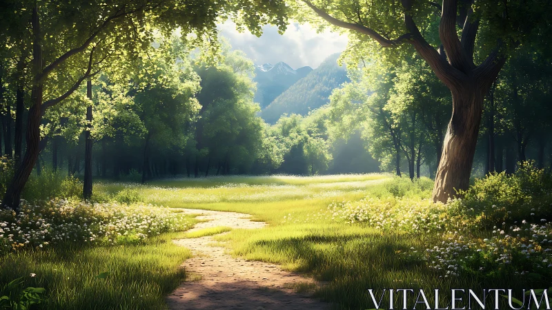 Sunlit Forest Path with Wildflowers in a Realistic Art Style.