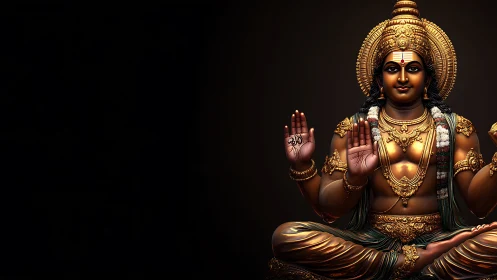 Highly detailed golden Hindu deity sculpture on black field