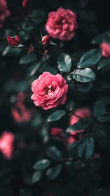 Blooming Pink Roses Against Dark Moody Foliage