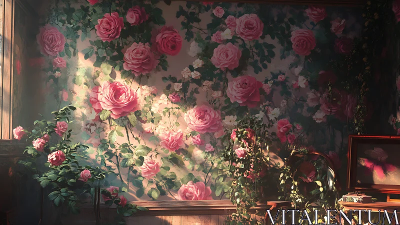 Sunlit interior wall displays dense pink rose mural vividly