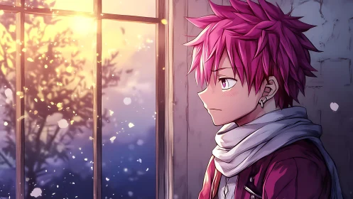 Melancholic anime boy watches a glowing sunset snowfall