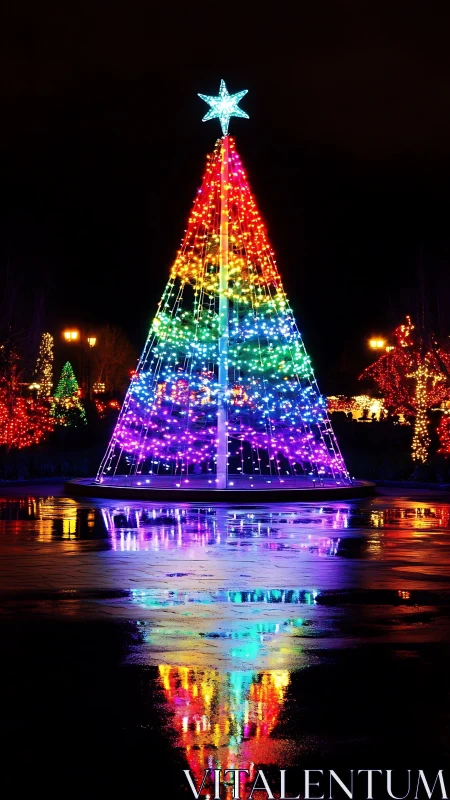 Rainbow holiday tree glowing with joyful night reflections.