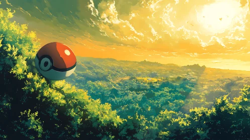 Sunlit forest valley holds giant red sphere over canopy