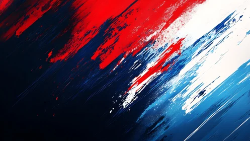 Bold abstract brush strokes in red, white, and blue digital style.