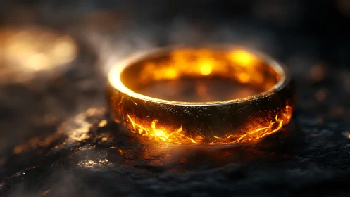 Luminous Golden Ring with Radiant Flame Illumination and Metallic Surface Detail