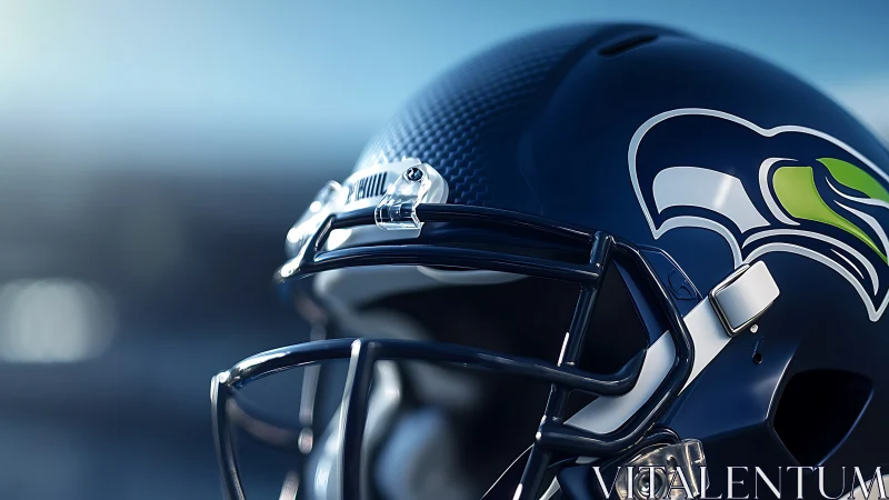 High gloss navy football helmet with Seahawk logo under stadium light