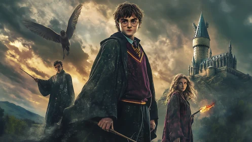 Three young wizards stand before a distant gothic castle