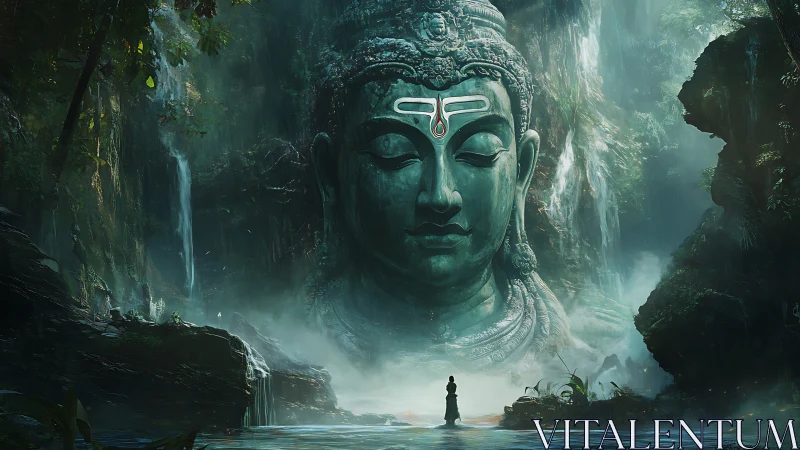 Mystic jungle temple invites quiet reflection beside a giant statue