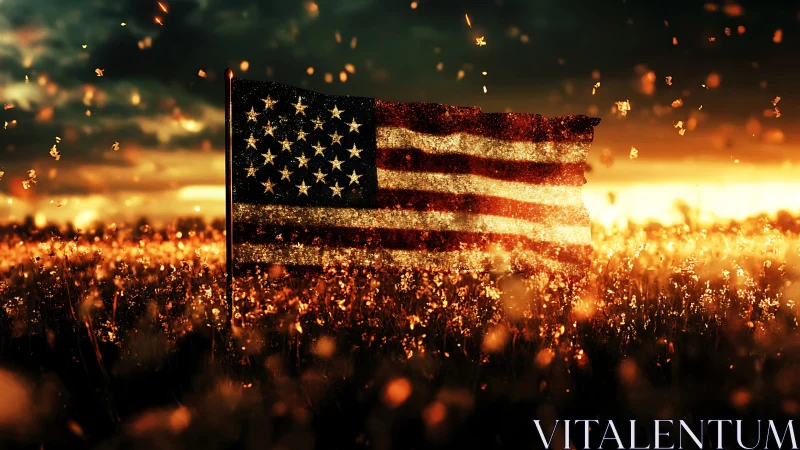 American Flag Burning Amid Golden Fire and Embers.