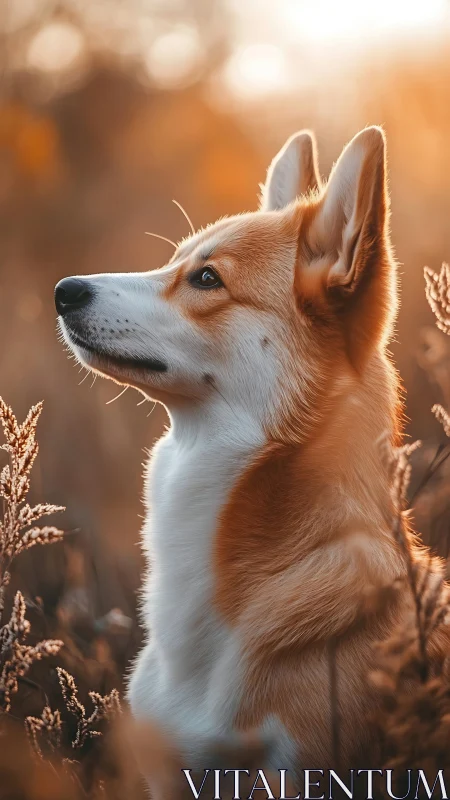 Sunlit corgi sentinel in autumn meadow haze at golden hour.