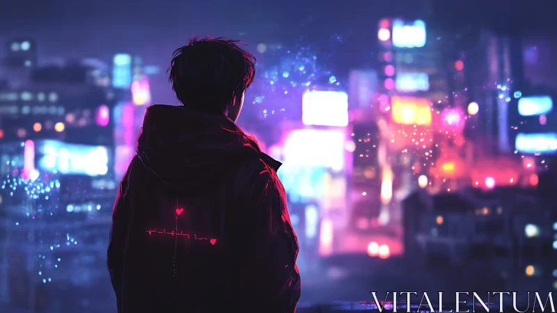 Backlit figure studies neon urban skyline with bokeh diffusion