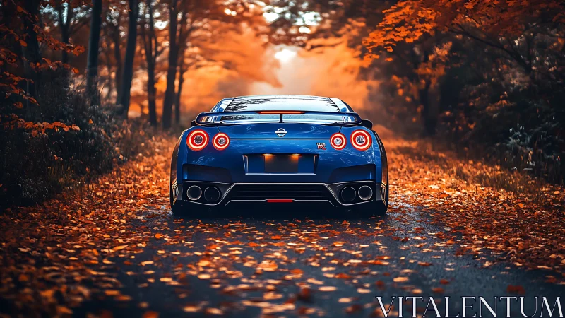 Blue sports car under vivid autumn canopy on forest lane.