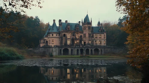 Grand lakeside castle with warm lights in autumn forest.
