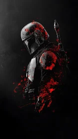 Lone armored warrior stands in red-splashed shadowed space