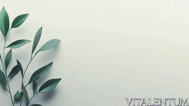 Minimalist green leaf branch rests on soft pale backdrop