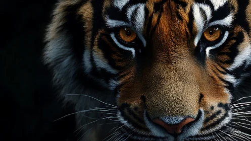 Close-up tiger portrait with intense golden eyes in shadow.