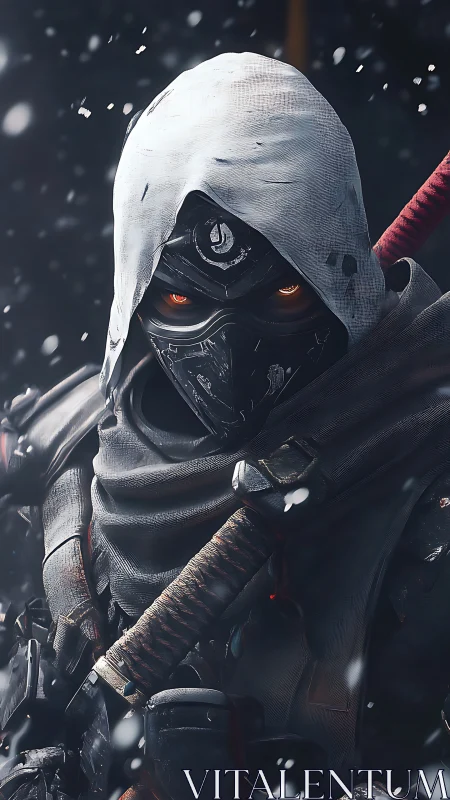 Cybernetic winter assassin with hooded mask and glowing eyes.