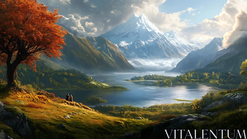 Autumn lookout over silver lake and towering snowpeak dreams.