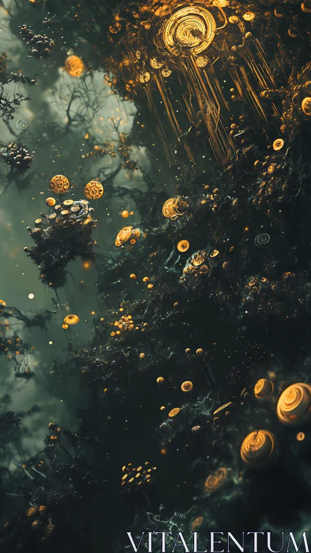 Golden fractal orbs suspended in dark abstract space.