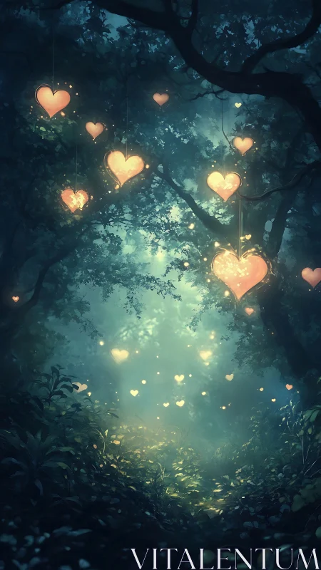 Illuminated Floating Hearts in Enchanted Forest Canopy with Volumetric Light