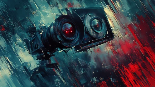 Cybernetic camera drone with glowing lenses in motion storm.