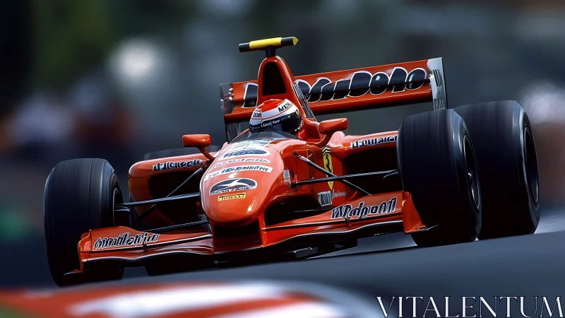 Red Formula 1 car attacks a high-speed corner in motion.