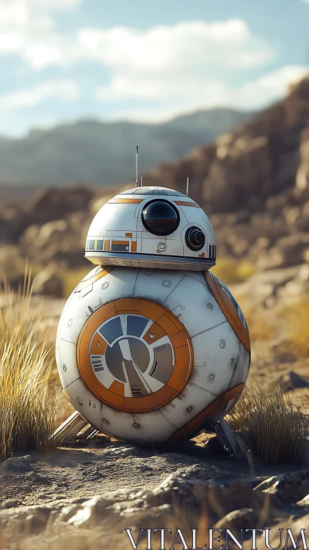 Photoreal spherical droid study in arid rocky landscape.