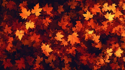Autumn maple leaf carpet with rich orange glow pattern.