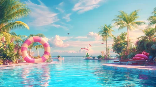 Tropical infinity pool glows under pastel sunset sky.