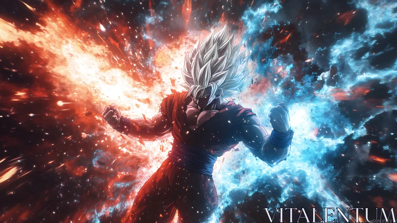 Anime warrior stands amid opposing red and blue energy fields