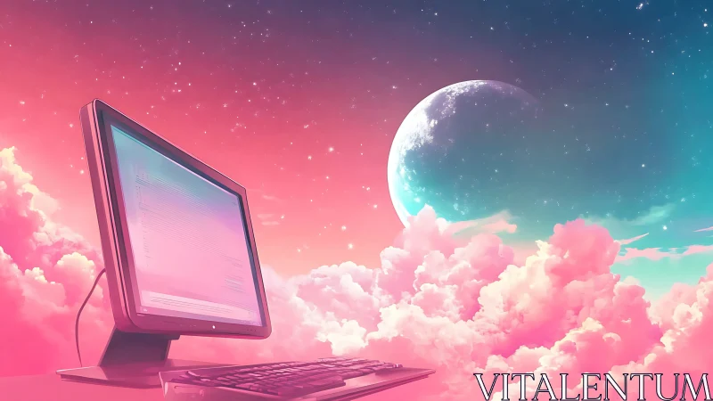 Computer monitor above clouds with crescent moon backdrop.