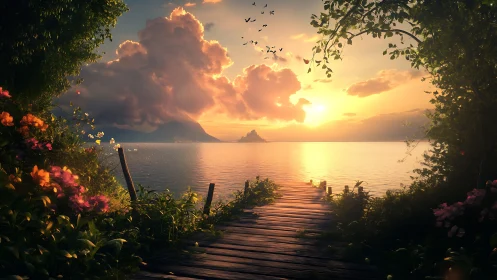 Wooden pier at sunset surrounded by flowers and mountains.