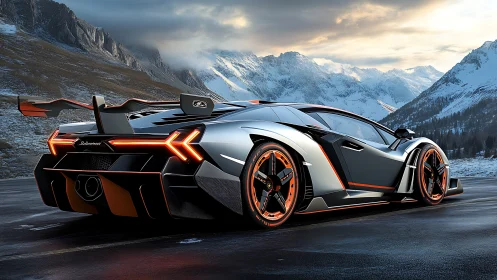Hypercar rear profile in alpine dusk with neon orange trim.