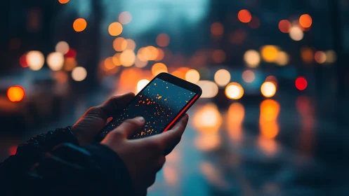 Neon raindrops dance on a smartphone in blurred city dusk.