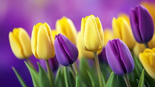 Purple Rebels Dance Among Yellow Tulips in Velvet Twilight
