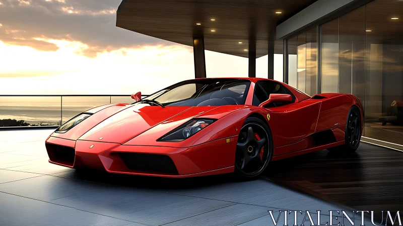 Sunset glow on a sleek red supercar by modern glass home.