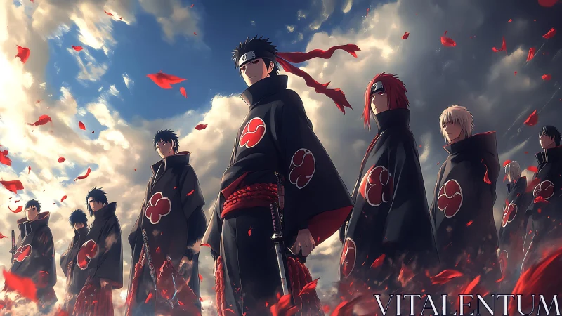 Dramatic cloaked squad under storm sky with red petal vortex