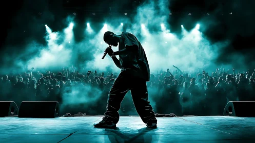 Midnight rap concert energy wrapped in teal stage smoke.