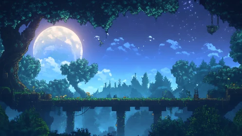 Moonlit pixel forest bridge under a tranquil night sky.
