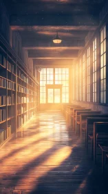 Sunlit library corridor where dust motes script quiet magic.