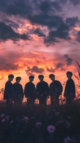 Silhouetted friends stand in wildflowers under a burning sky