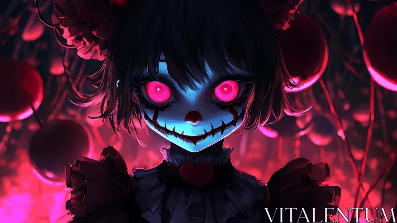 Horror doll girl stares forward with glowing neon eyes